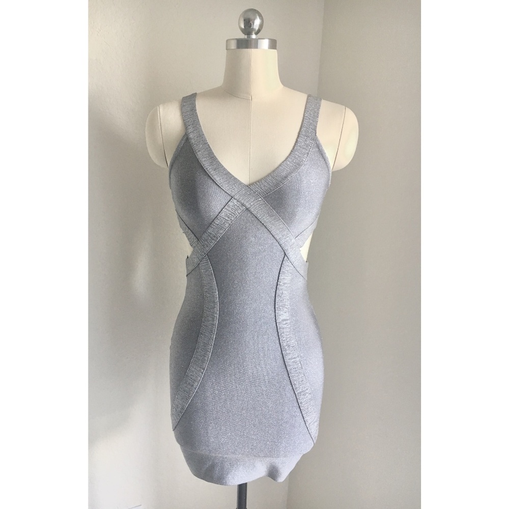 Bebe Silver Bodycon Dress with Cutouts